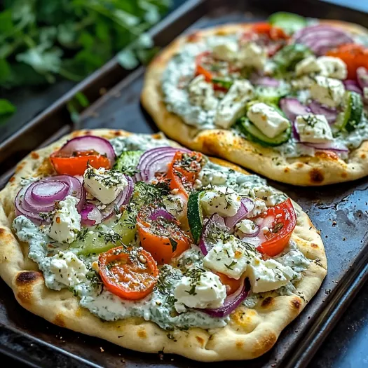 Două pizza cu legume și brânză pe tavă.