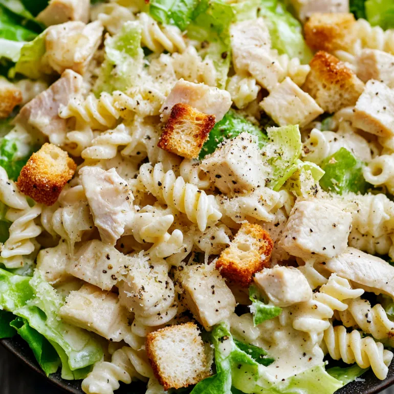 Un bol cu salată Caesar cu pui și paste.