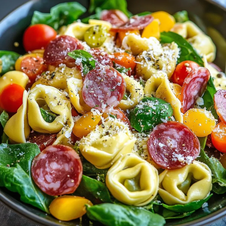 Un bol cu salată de paste cu roșii, spanac și chifteluțe.