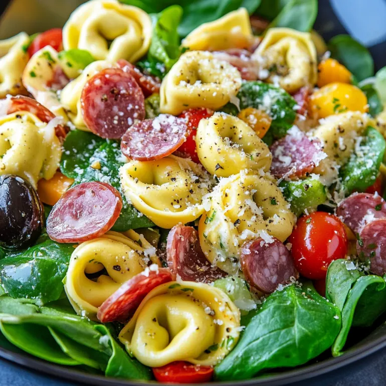Un castron cu salată de paste, roșii, frunze de spanac și chifteluțe.