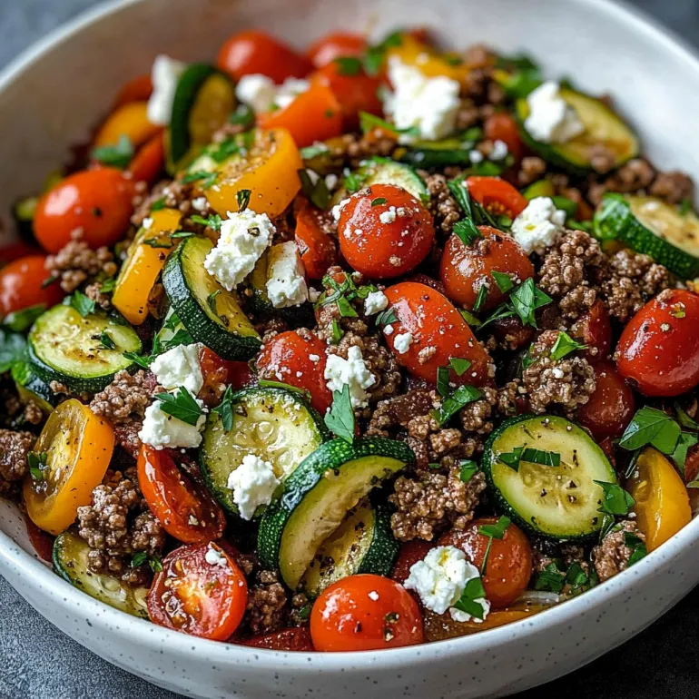 Un castron cu stir-fry de vită tocată și legume în stil mediteranean.