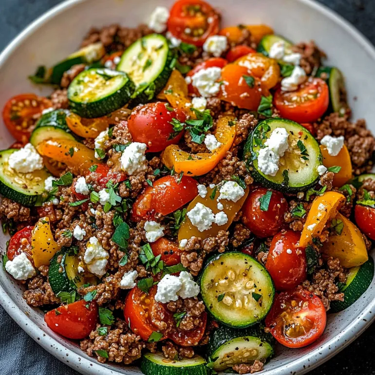 Un castron cu stir-fry de vită tocată și legume în stil mediteranean.