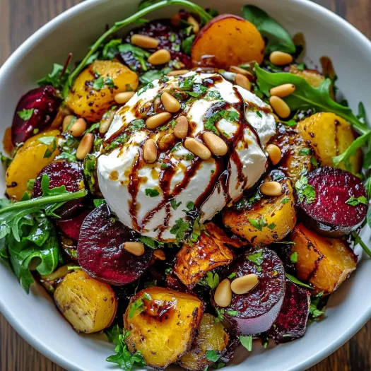 Un bol cu salată de sfeclă și burrata cu muguri de pin.