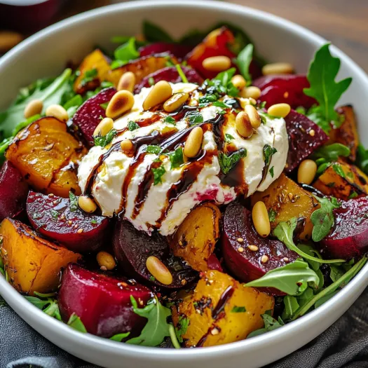 Un bol cu salată de sfeclă, burrata și muguri de pin.