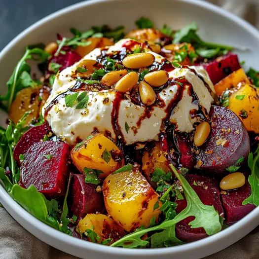 Un bol cu salată de sfeclă și burrata cu muguri de pin.