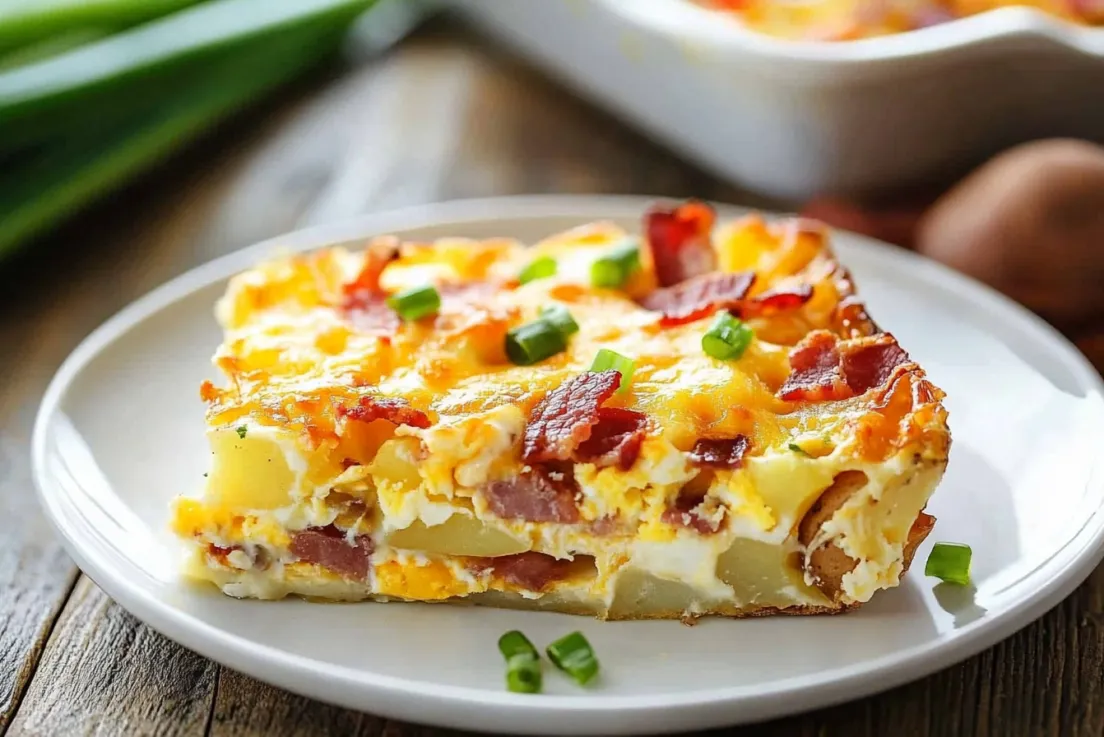 O felie de caserolă cu bacon, cartofi și ouă.