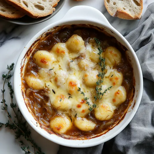 Un castron cu gnocchi cu ceapă caramelizată la cuptor.