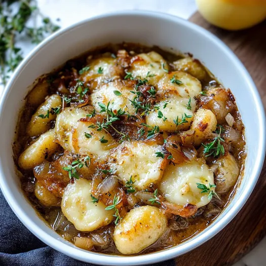 Un castron cu gnocchi cu ceapă caramelizată la cuptor.