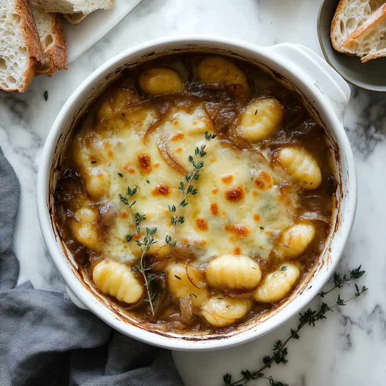 Un bol cu gnocchi la cuptor cu ceapă caramelizată.