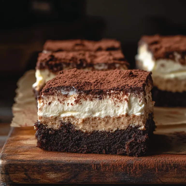 Zoom pe brownies tiramisu la porție mică.