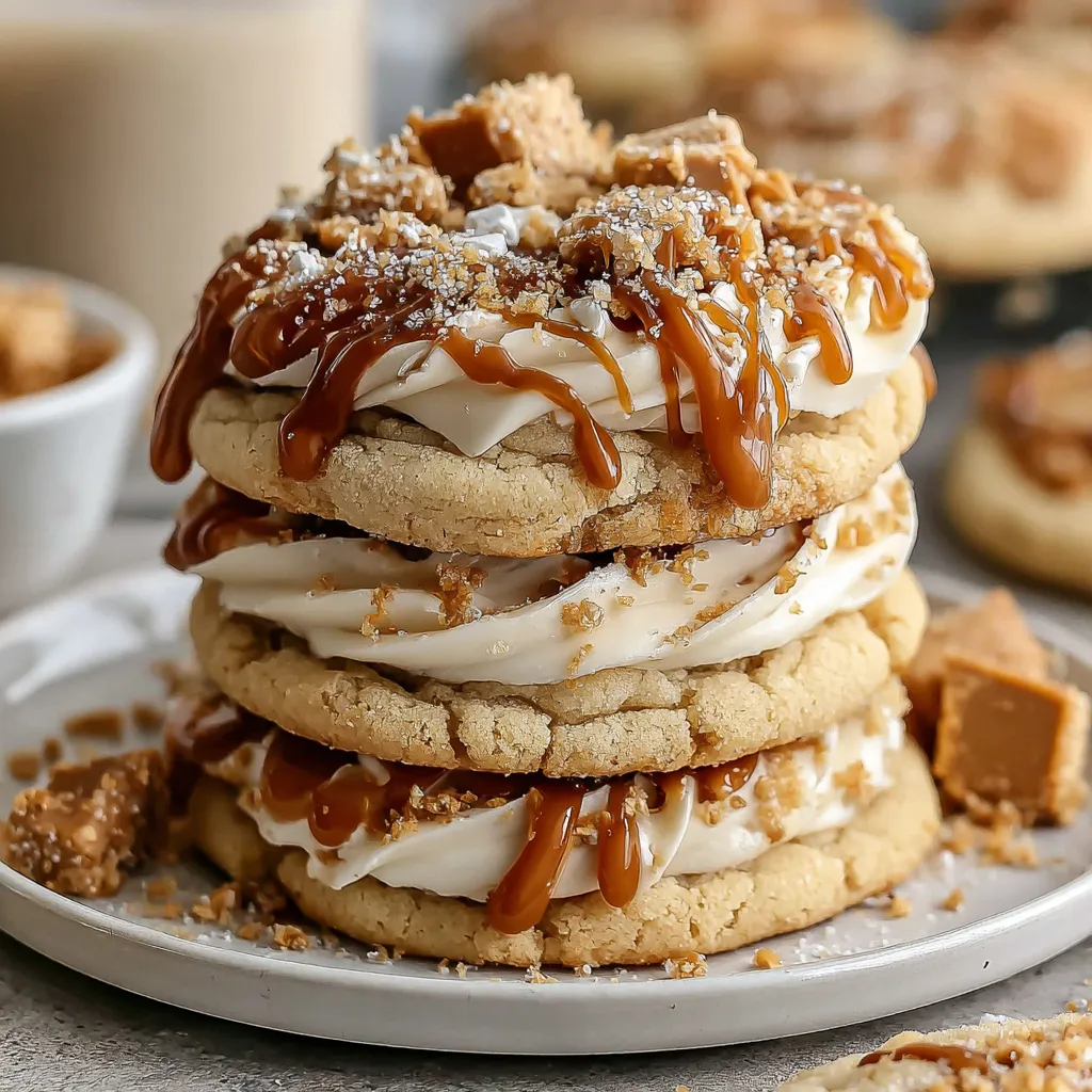 A stack of cookies with caramel drizzle and white frosting.
