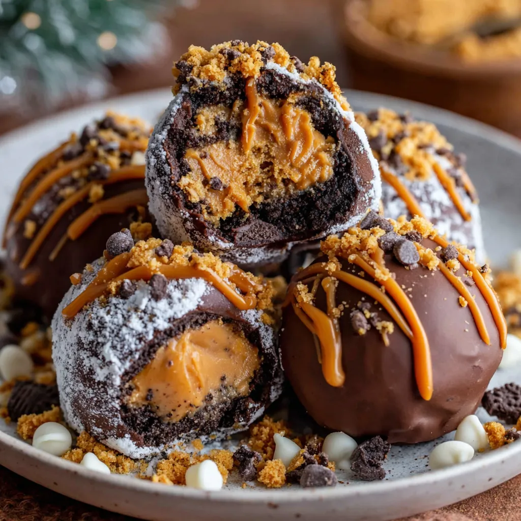 Chocolate peanut butter snowballs on a plate.
