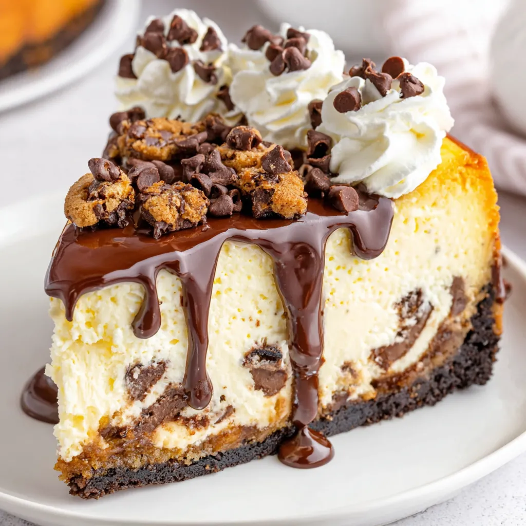 A slice of chocolate chip cheesecake with chocolate drizzle.