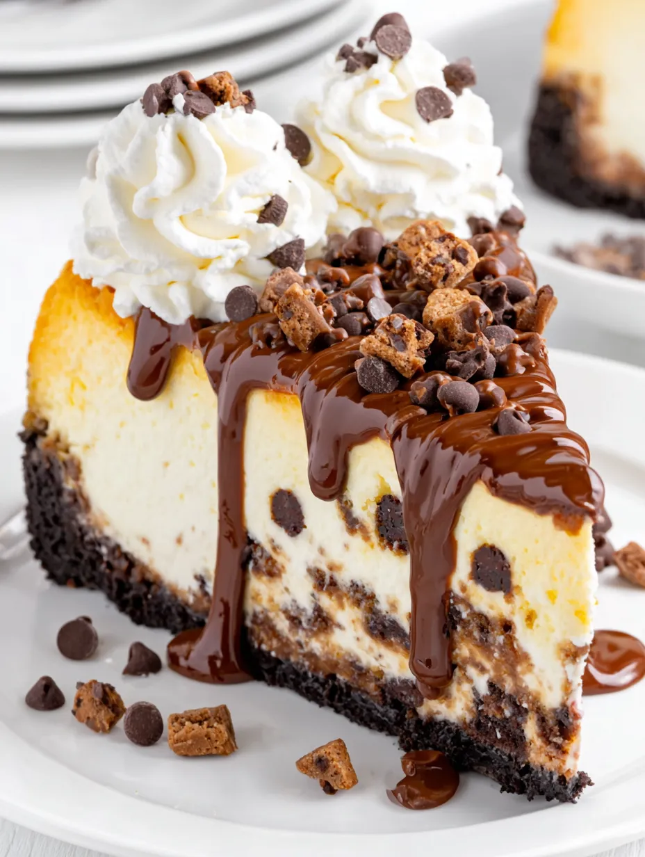 A slice of chocolate chip cheesecake with chocolate drizzle.