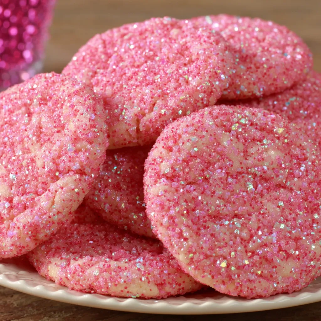 A plate of pink sugar cookies with glittery sprinkles.