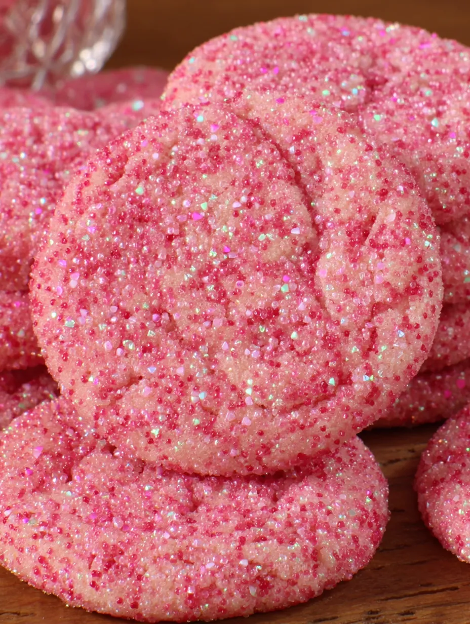 Pink sugar cookies with glittery pink sugar.