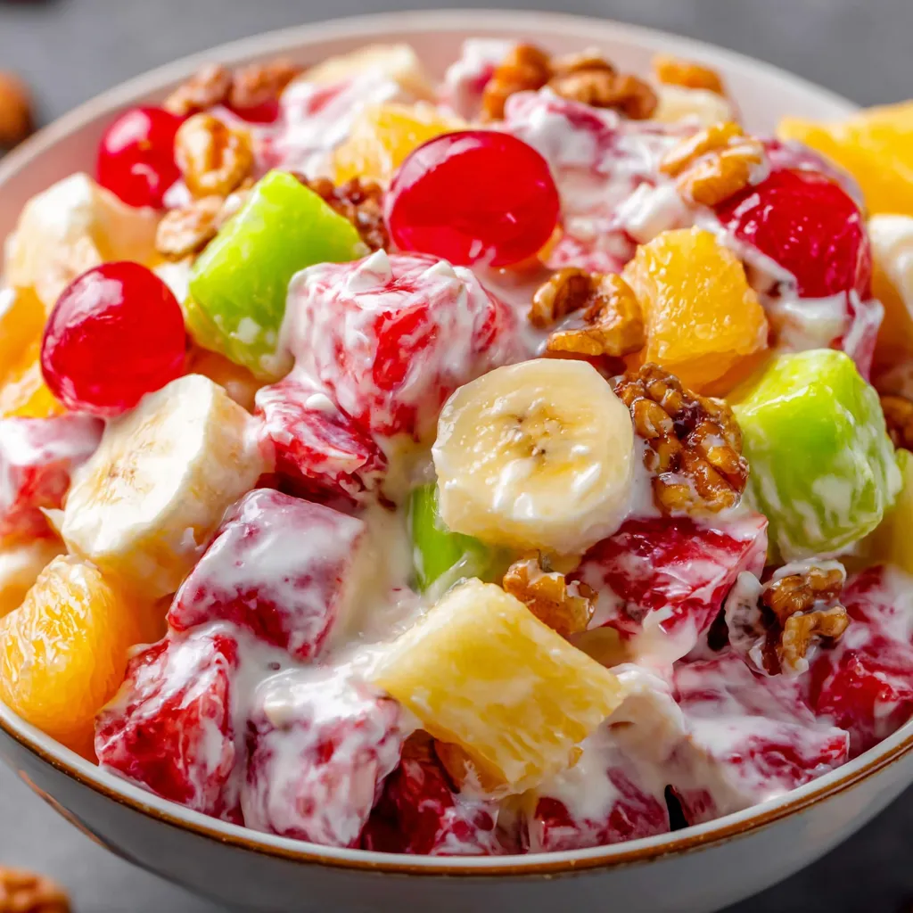 A bowl of fruit salad with bananas, strawberries, and kiwi.
