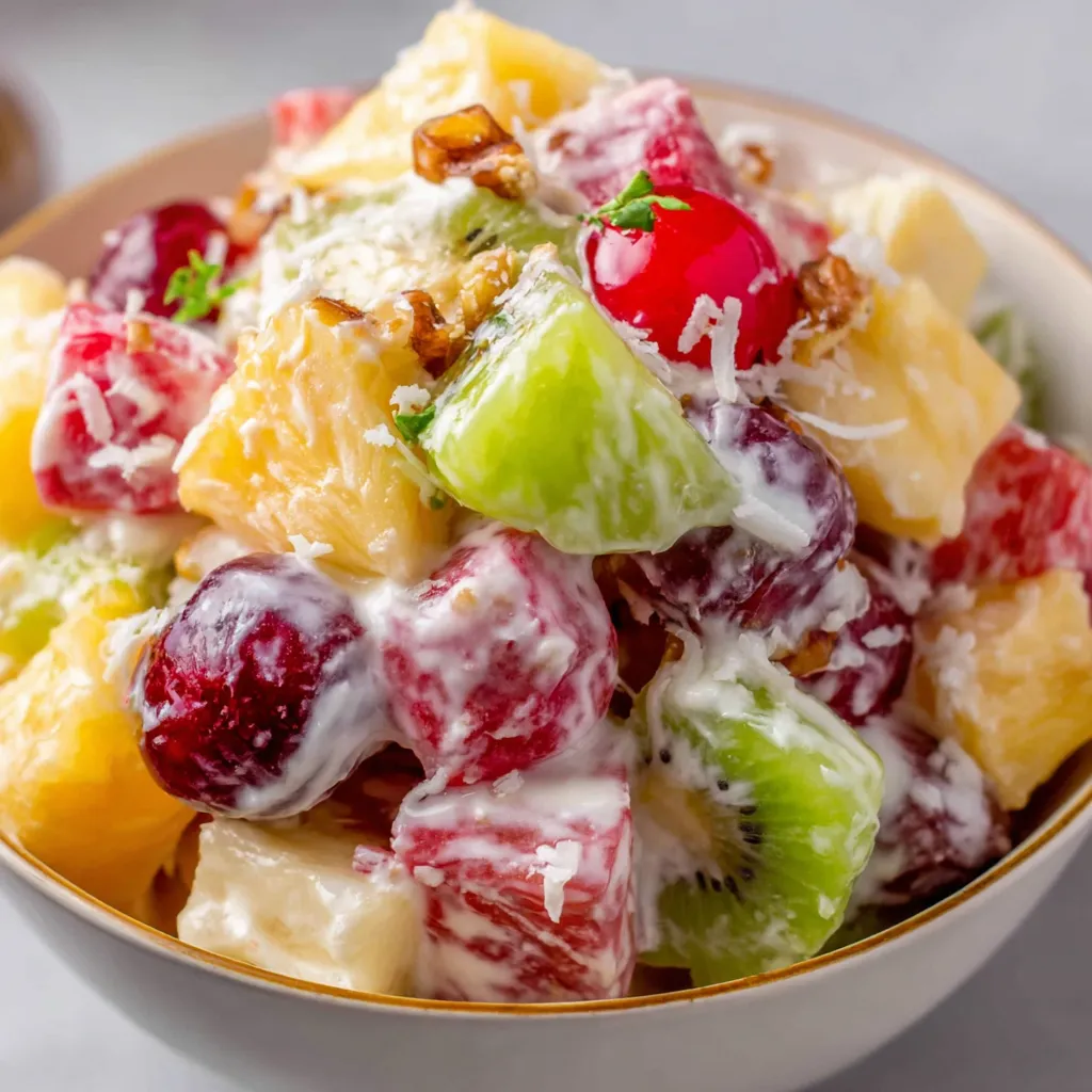 A bowl of fruit salad with a dollop of whipped cream on top.