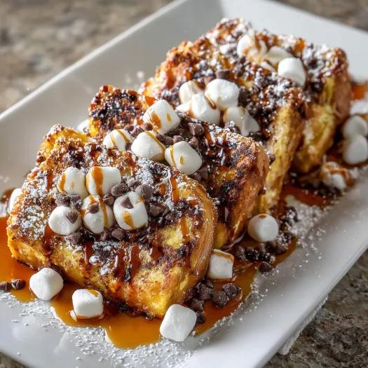 A plate of French toast with marshmallows and chocolate drizzled on top.
