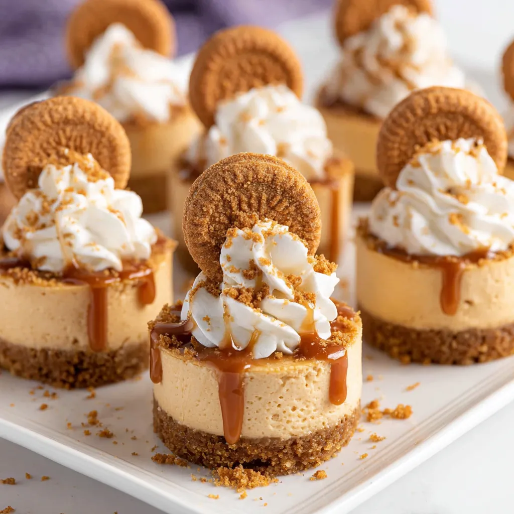 A plate of mini biscoff cheesecakes with white whipped cream.