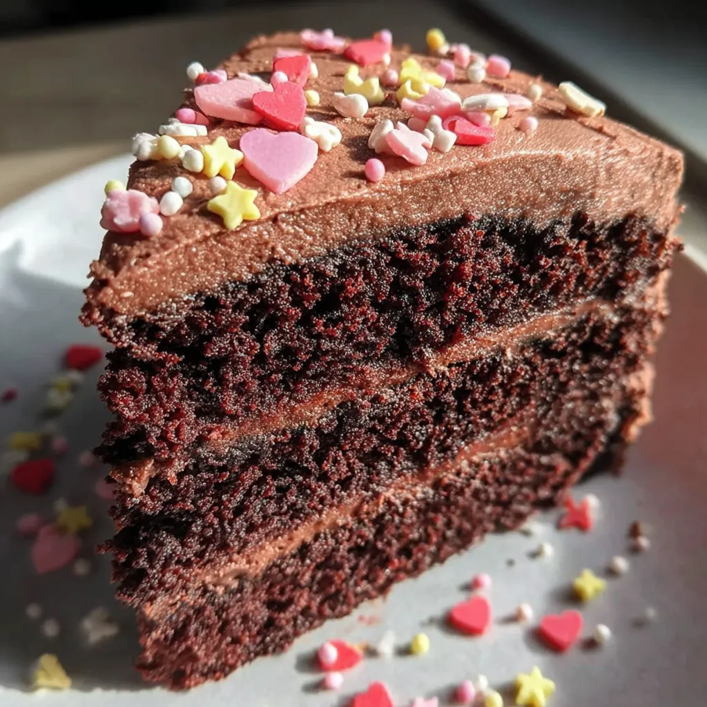 A slice of chocolate cake with pink hearts on it.