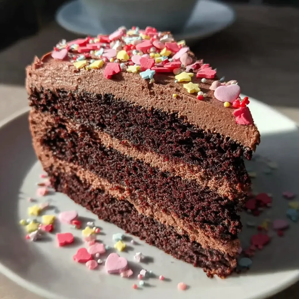 A slice of chocolate cake with sprinkles on a plate.