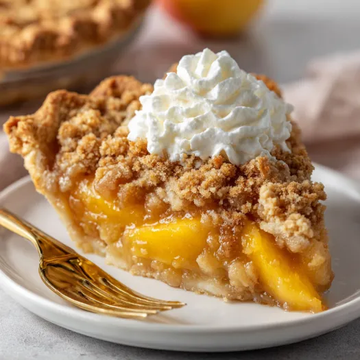 A slice of peach crumble pie with whipped cream on top.