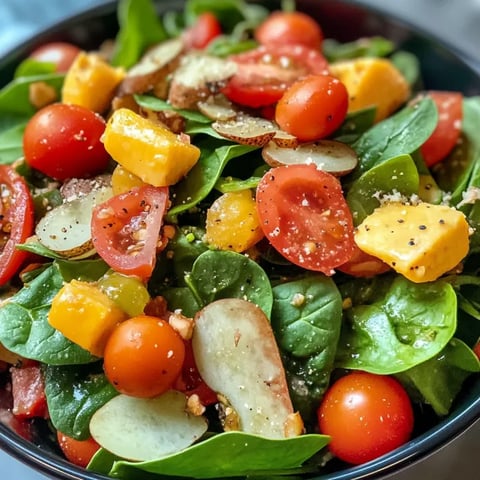 A bowl of salad with spinach and tomatoes.
