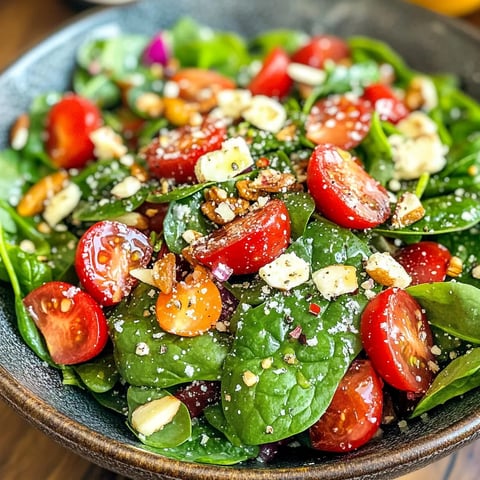 A bowl of salad with tomatoes, spinach, and nuts.