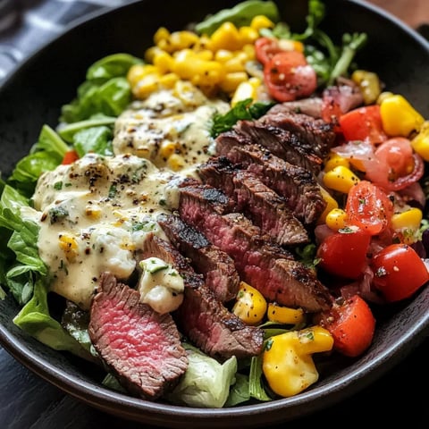 A bowl of salad with grilled steak.