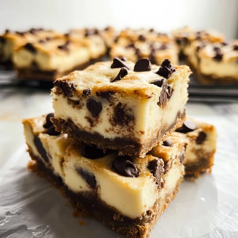 A stack of chocolate chip keto cheesecake cookie bars.