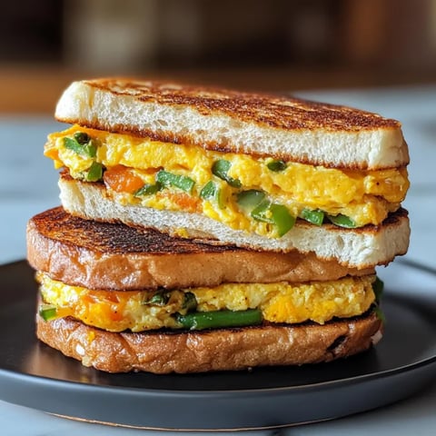A sandwich with egg, peppers, and greens on a plate.