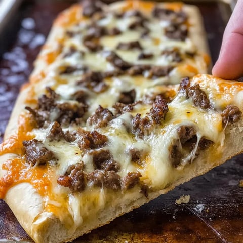 A slice of cheesy bread with meat on it.
