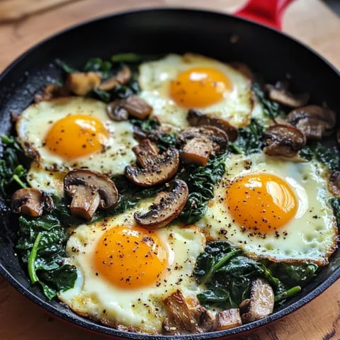 A skillet filled with eggs, spinach and mushrooms.