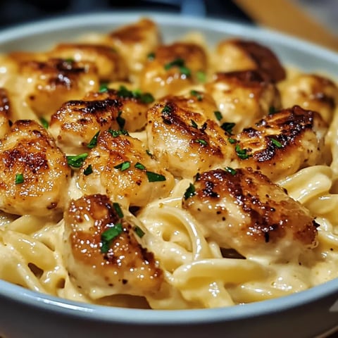 A bowl of garlic butter chicken bites with savory creamy parmesan pasta.