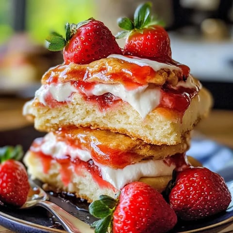 A stack of strawberry shortcake with strawberries on top.