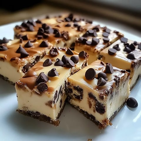 A close up of a chocolate chip cheesecake bar.