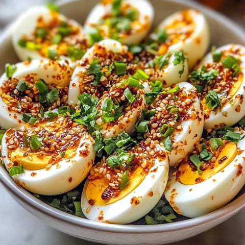 A bowl of eggs with spicy chili garlic.