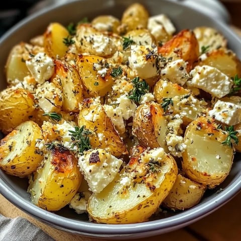 A bowl of roasted potatoes with feta cheese and garlic.