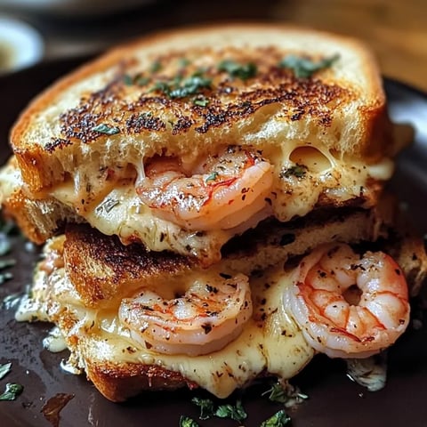 A grilled cheese sandwich with shrimp and garlic.