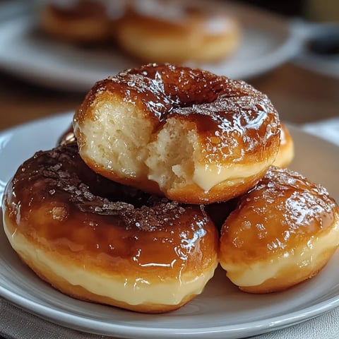 A plate of donuts with a glaze.