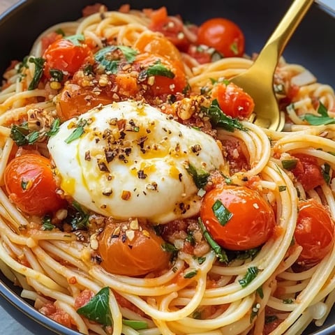 Un bol cu spaghete, roșii și burrata.
