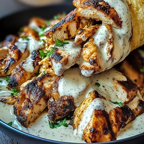 Farfurie cu shawarma de pui și sos cremos de usturoi.