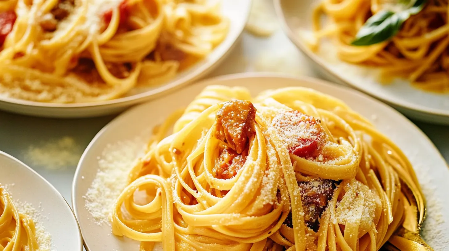 A plate of pasta with meat and cheese on top.