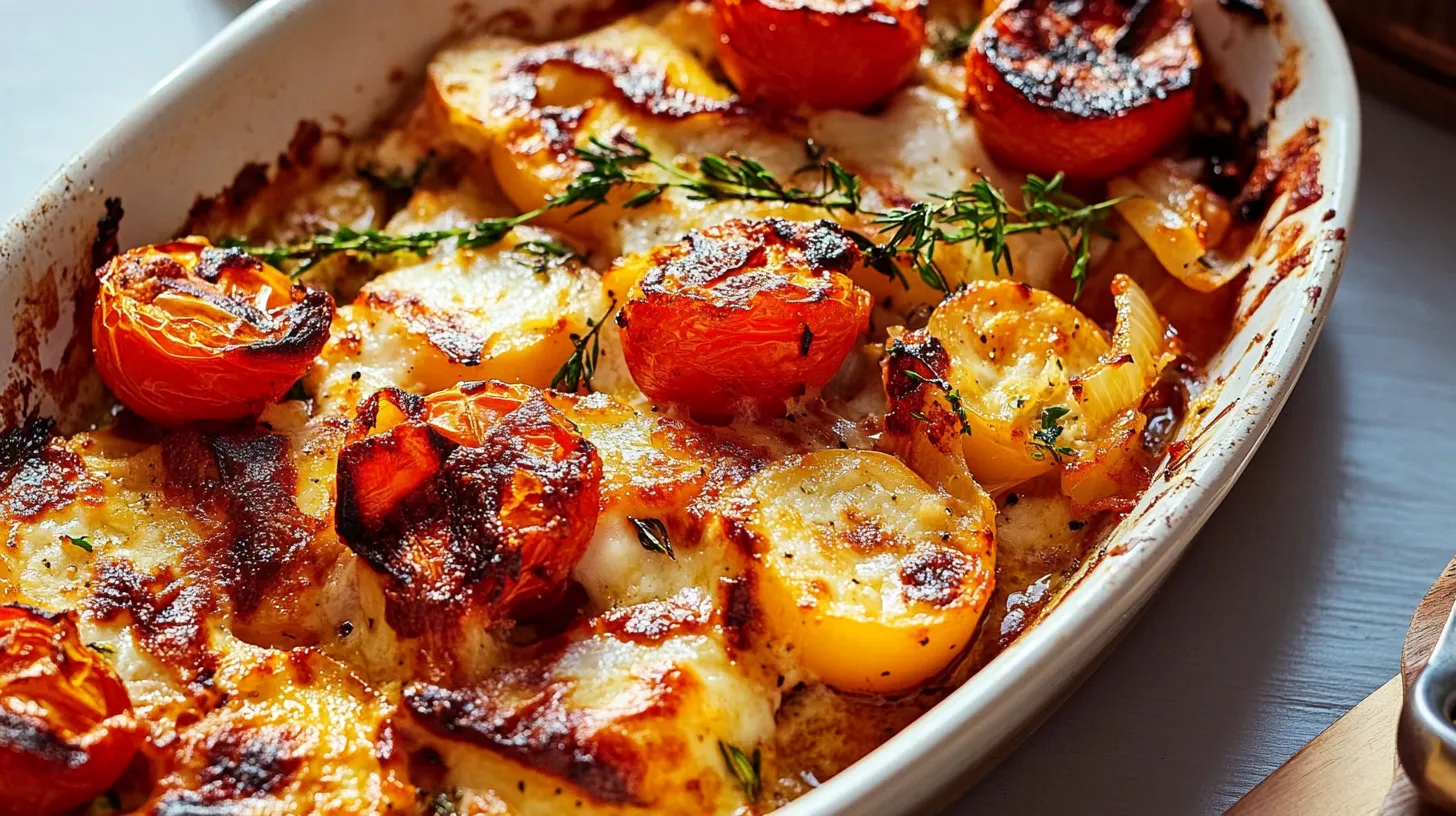 A bowl of food with tomatoes, cheese, and herbs.