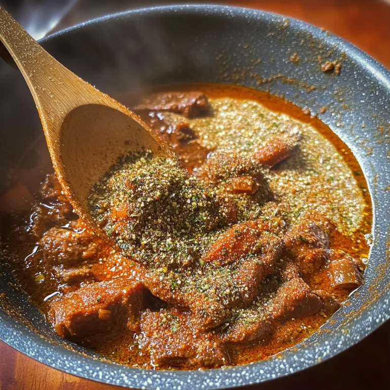 A wooden table with a bowl of beef stew.