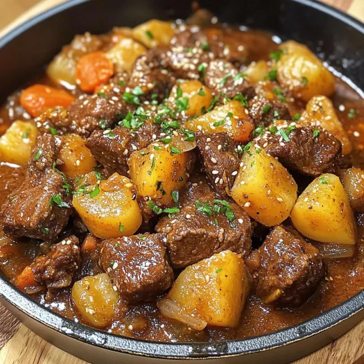 A bowl of beef stew with seasoning.
