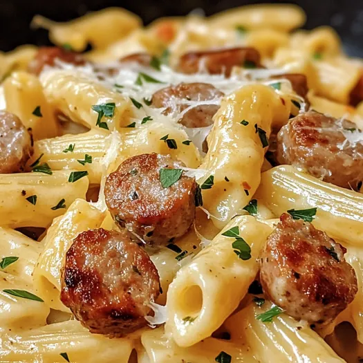 A close up of a bowl of pasta with sausage and cheese.
