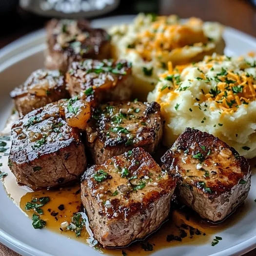 A plate of garlic butter steak bites and cheesy mashed potatoes.