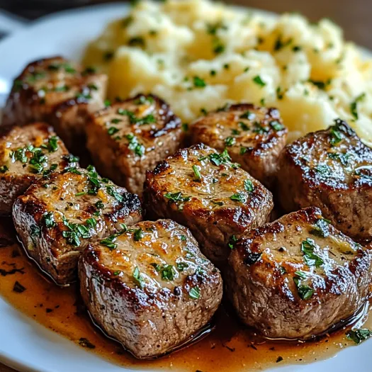 A plate of garlic butter steak bites and cheesy mashed potatoes.